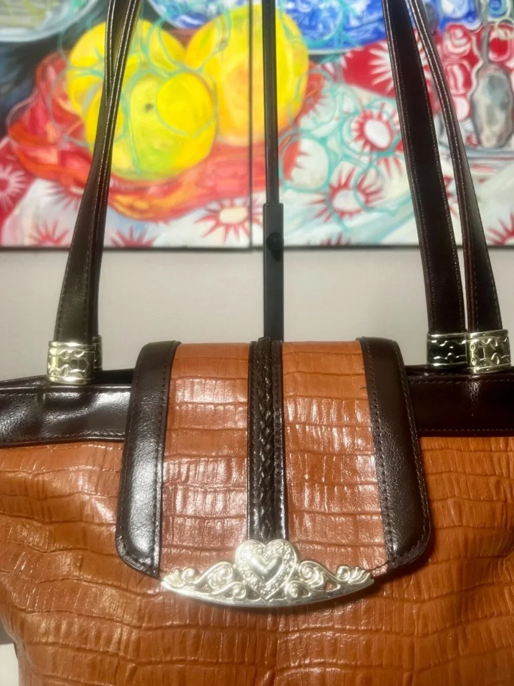 Brown Croc-Embossed Shoulder Tote with Silver Heart Hardware